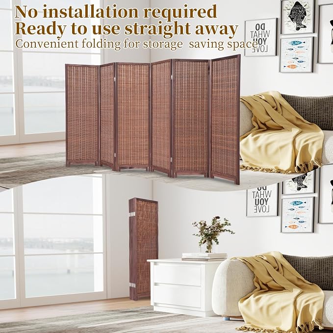 Bamboo Room Divider 6 Panel 47" H, 360°Rotating Feet Privacy Screen, Portable - Image 4