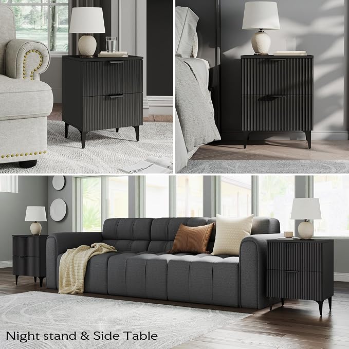 Black Fluted Nightstand Set of 2, Modern Night Stands - Image 5