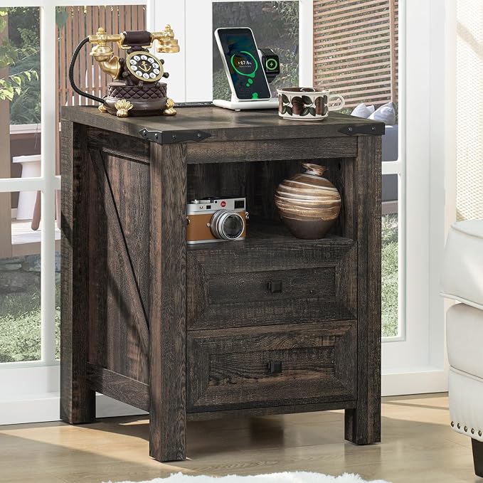 Joaxswe Nightstand with Charging Station and 2 Drawers, Farmhouse | Dark Drey by Joaxswe