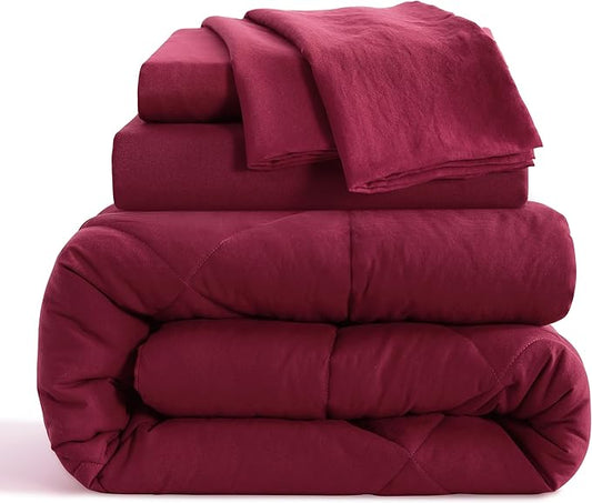 NTBAY Twin Comforter Set with Sheets, 5 Pieces Soft and Breathable Twin Bedding Set, Twin Bed in a Bag, Down Alternative Comforter Set Solid Color All Season, Kids Bedding Set, Wine Red