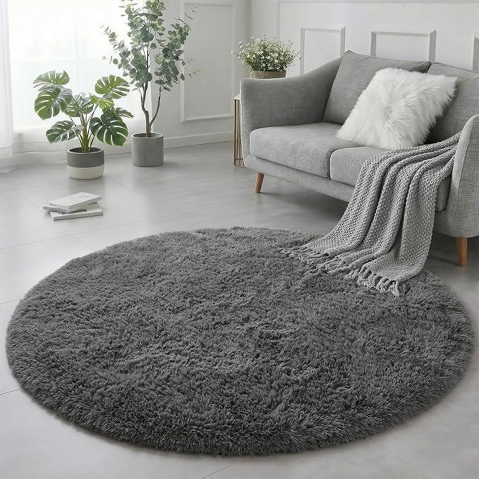 Amdrebio Grey Fuzzy Round Circle Rug 4Ft - Image 5