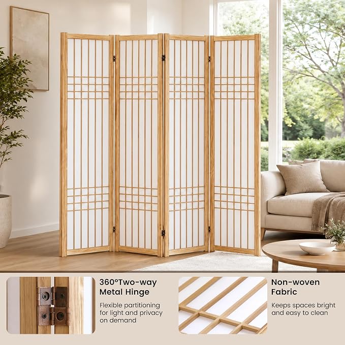 Shoji Room Divider, Lightweight Folding Privacy Screen, Natural | Room Divider - Image 2