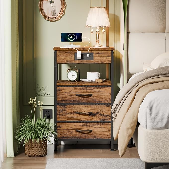 Night Stand with Charging Station, 3 Fabric Drawers Bedside Table | Rustic - Image 2