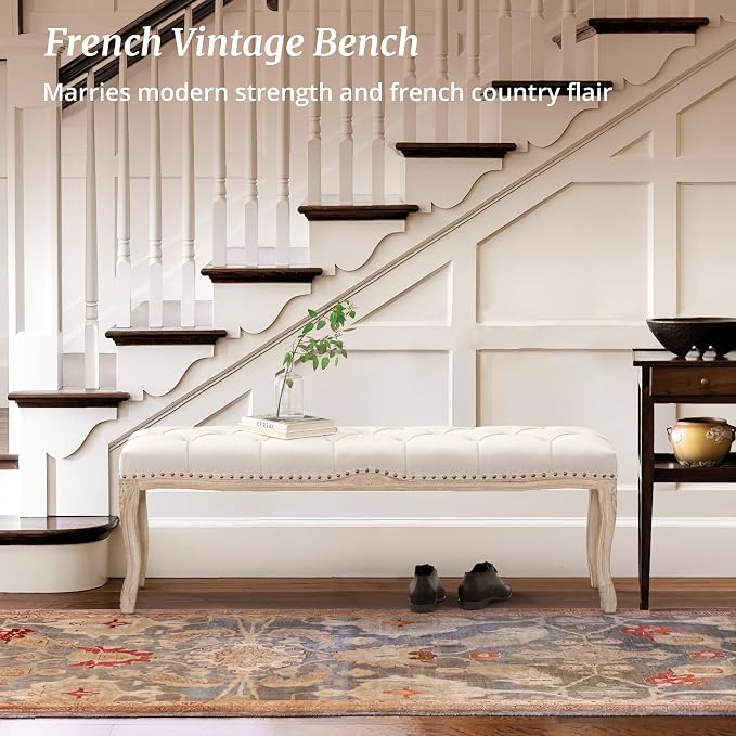 Bedroom Bench, French Vintage Entryway Bench 52.5" Carving Upholstered End of - Image 7