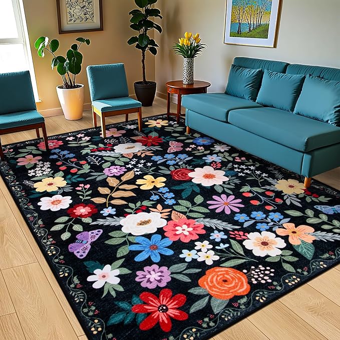 10x14 Area Rugs for Living Room: Floral Washable Rug Vintage Large Soft Boho Non-Slip Carpet Stain Resistant Low Pile Carpets for Bedroom Dining Room Farmhouse Nursery Hallway Home Office Black