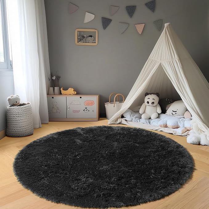 Black Round Rugs 8ft for Living Room, Fluffy Bedroom Circle Area Rug, Soft - Image 6
