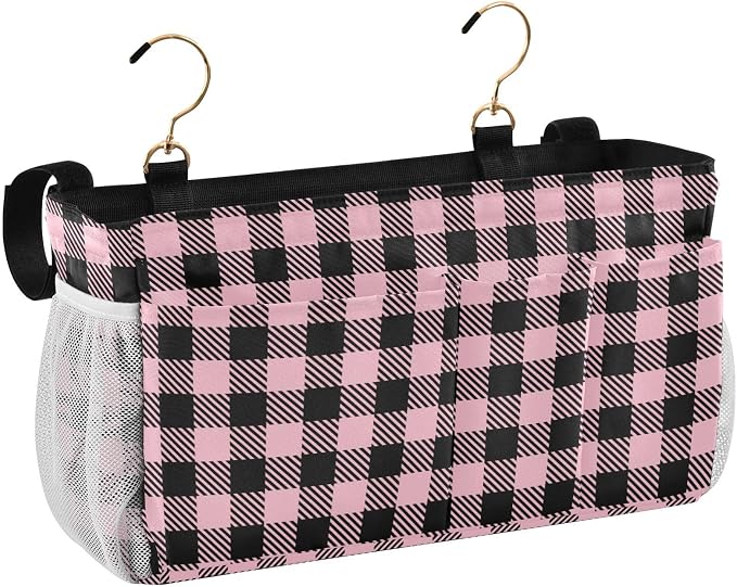 Buffalo Plaid Check Pink Print Bedside Caddy Storage Bag Bedside Organizer by KOPIRIT