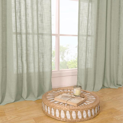 LAMIT Sage Grey Semi Sheer Linen Curtains 45 Inches Long 2 Panels, Light Filtering Panels Back Tab and Rod Pocket Neutral Drapes for Kitchen/Window/Bedroom, 52 x 45 Inch