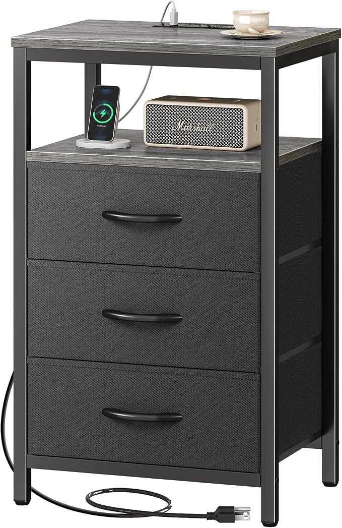 Huuger Nightstand with Charging Station, 27.6 Inch Bedside Table, Side Table | - Image 9
