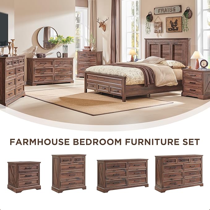 ACCOHOHO Farmhouse Nightstand with Charging Station, 22 Inch Wide End Table with 3 Large Drawers & Bar Handles, Rustic Wood Small Dresser Chest of Drawers for Bedroom, Living Room, Closet, Brown