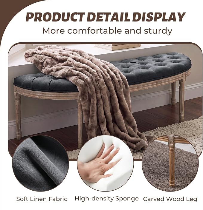 chairus 55" Button Tufted Semi-Circle Dining Bench Linen Halfmoon Entryway - Image 5