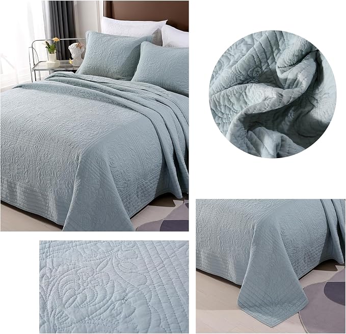 ROOMLIFE Quilt Set Queen Size 3D Floral Embroidery Pattern 3-Piece Cotton - Image 5