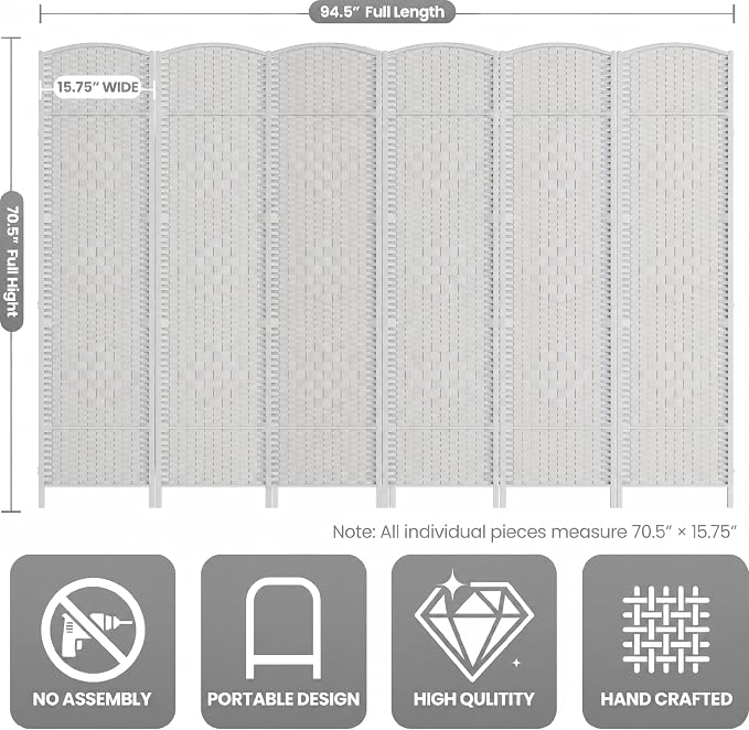6 Panel Folding Room Divider, Woven Privacy Screen, handcrafted diamond pattern - Image 3