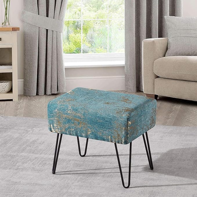 Home Soft Things Blue Jacquard Chenille Ottoman, Kasula-Turquoise, Fuzzy Entry - Image 5