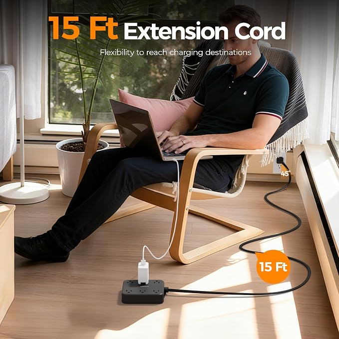 TESSAN 15Ft Black Extension Cord - Image 4