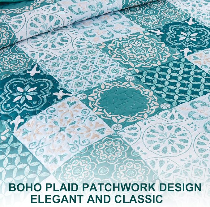 Teal Boho Quilt Set King Size, Plaid Patchwork Bedspreads Coverlet Set | 3Pcs - Image 8