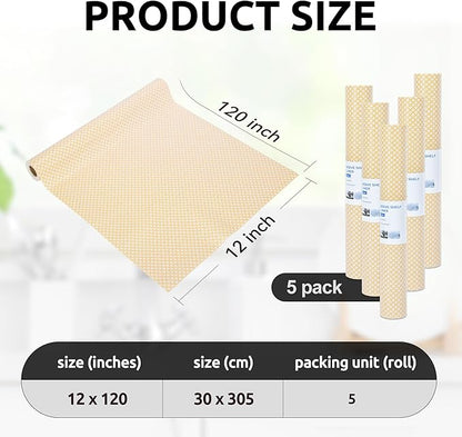 RAY STAR 12X120 Inch Shelf Liner for Kitchen Cabinets, Non-Adhesive Cabinet Liner Washable, PVC Drawer Liner for Dresser Non-Slip Bathroom (Yellow Circle)(5 Roll)