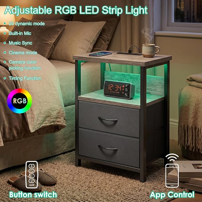 Fixwal Night Stand with Charging Station, Led Nightstand, 2 Fabric Drawers | - Image 4