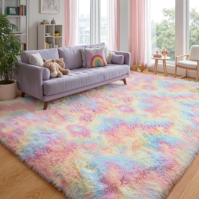 Rainbow Fluffy 9x12 Area Rug Soft Washable Shag Carpet - Image 6