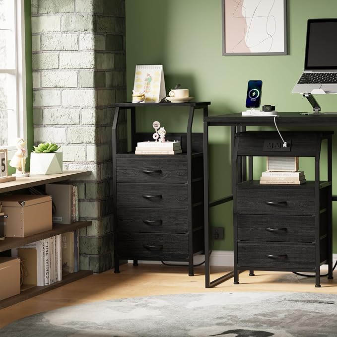 Tall Night Stand with Charging Station, 4 Drawers Bedside Table | Small Black - Image 5