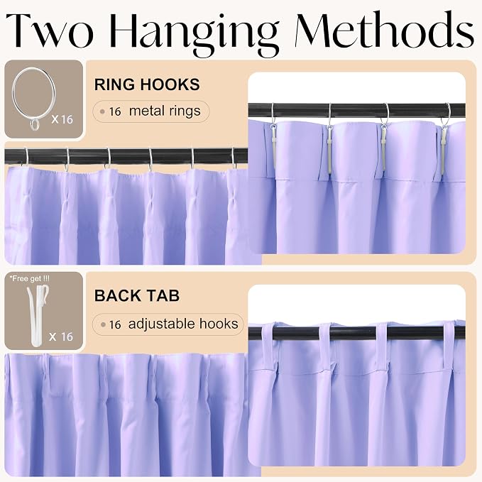 Etherealveil Lavender Purple Pinch Pleated Blackout Curtains 2P 52"x84" | Back - Image 6