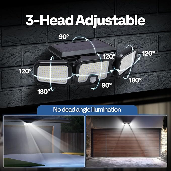 VIVOHOME Solar Flood Lights Outdoor, 256 LED 2500LM Motion Sensor Lights, 3 Adjustable Heads Security Lights, IP65 Waterproof, 270° Wide Lighting Angle Solar Powered Lights for Porch, Yard, 2 Pack