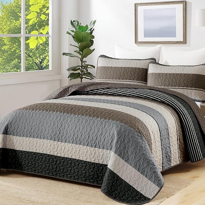 Dinjoy King Boho Striped Quilt Set, Breathable All-Season, 3-Piece Set Fits - Image 2