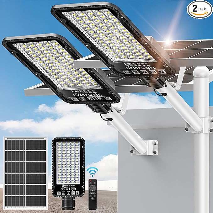 OKPRO 12000W Solar Street Lights Outdoor - 6500K Commercial Parking Lot Dusk to Dawn, Heavy Duty Split Type Solar Lights Outdoor Waterproof with Remote Control for Driveway, Outside(2Pack)