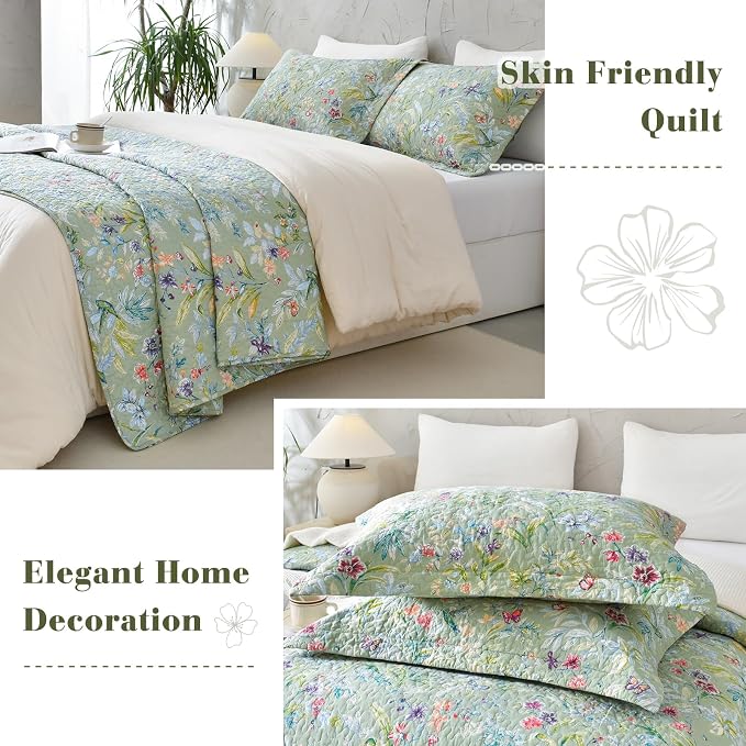 QSH 3Pcs Green Floral Quilt Oversized Queen Size -100% Cotton Quilt Oversized - Image 8