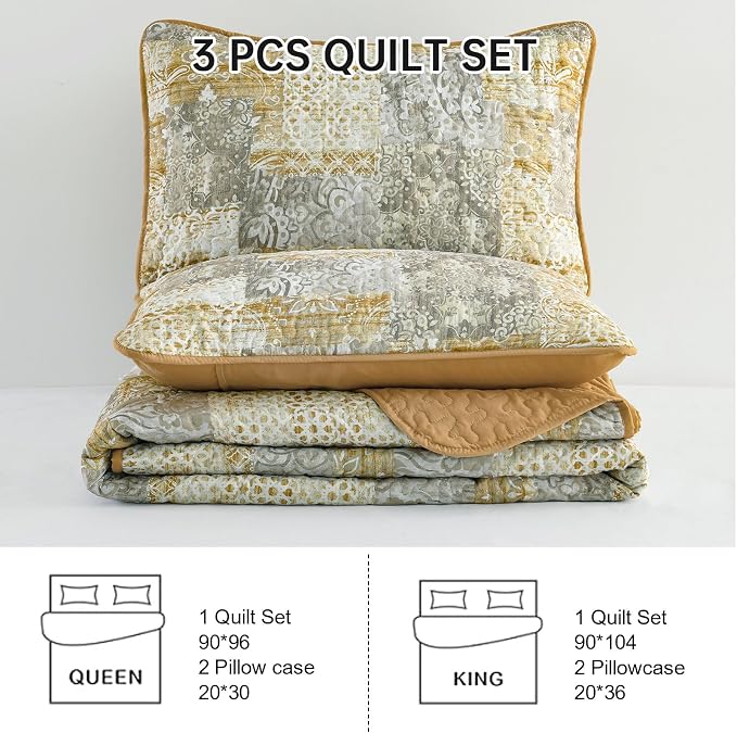 Mybedsoul Yellow Boho Quilt Set King Size 3 Pieces Grey and Yellow Plaid Floral - Image 7