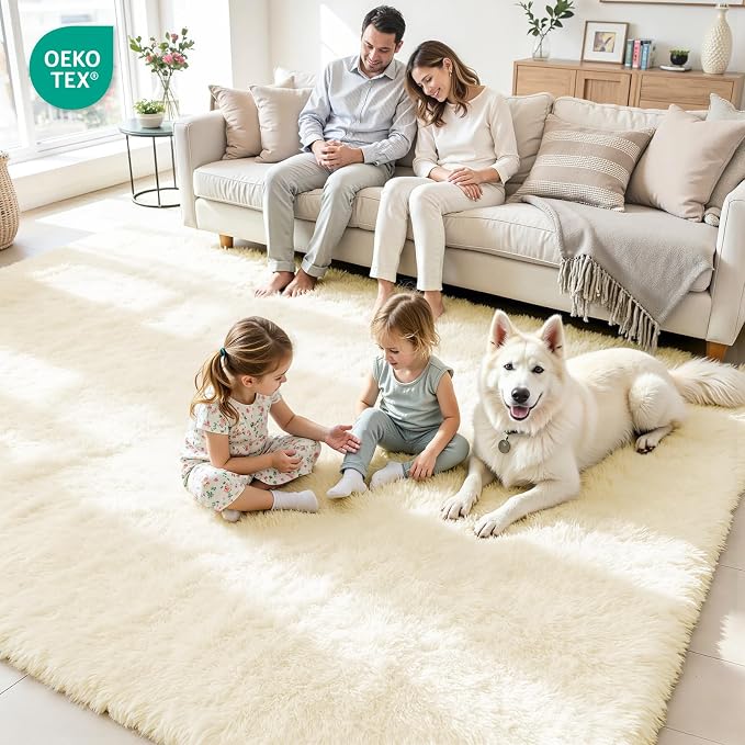 5x8 Fluffy Area Rug for Living Room: Non-Slip Cream White Bedroom Carpet | - Image 4