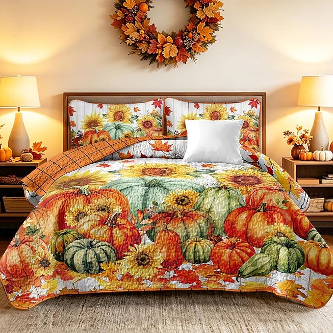 Yiran Happy Thanksgiving Harvest Quilt King Size, Fall Bedding Set | Pumpkin by Yiran