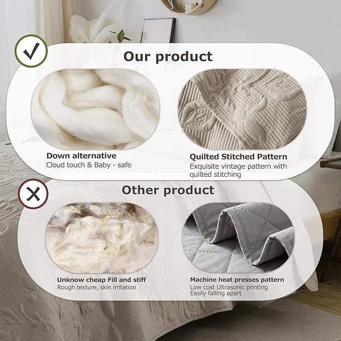 B2EVER Beige Damask Quilt Queen Size Bedding Sets - Image 5