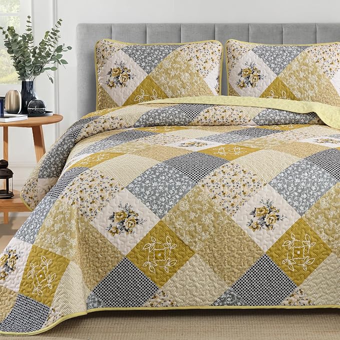Dinjoy Boho King Quilt Set, 3-Piece Reversible Soft Plaid Floral Bedding Set - Image 4