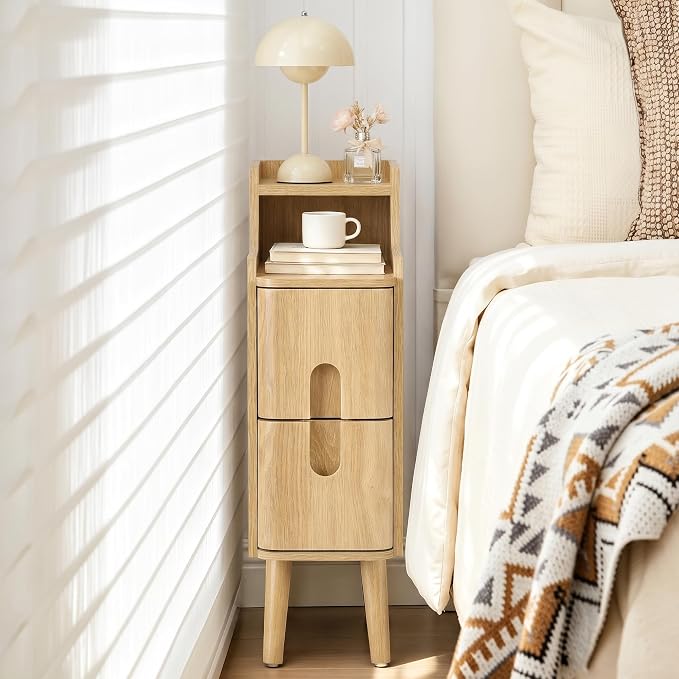 FurSch Narrow Nightstand, Wooden 2 Drawer, Skinny Bedside Table, Mid Century by FurSchFurniture