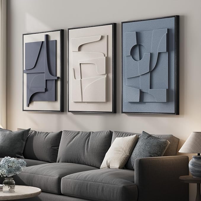Large 3D Textured Framed Blue White Abstract Wall Art Set, 3 Piece 20x30 In | - Image 2