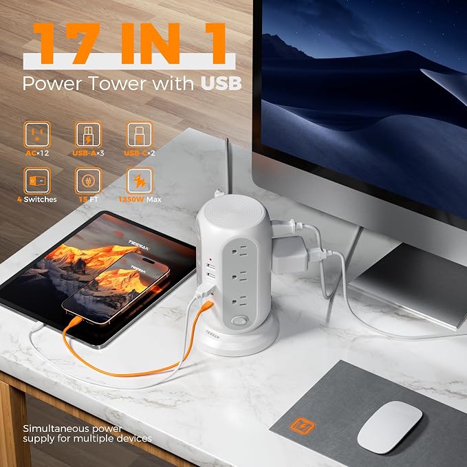 TESSAN Tower Power Strip Surge Protector, Flat Extension Cord 15 Ft, 5 USB Ports - Image 4