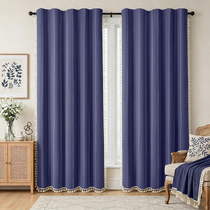 Navy Blue 100% Boho Blackout Curtains 84 Inch 2 Panels | Vintage Farmhouse Rod - Image 2