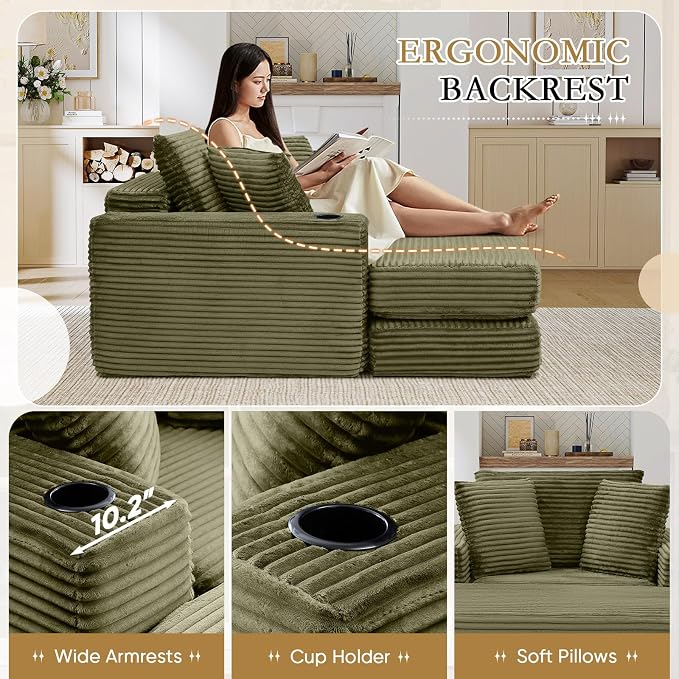 Oversized Chaise Lounge Chair Indoor, 52.4"W Corduroy Upholstered Fluffy Comfy - Image 5