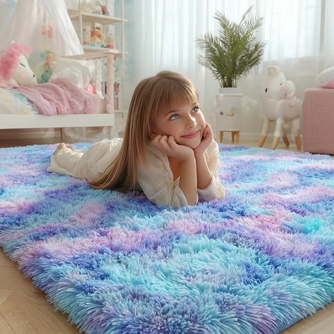 Furry Pastel Rug for Girls Bedroom, Soft Adorable Rainbow Purple Tent Rugs | - Image 2