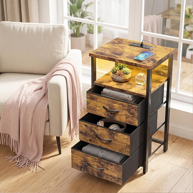 Fixwal Night Stand with 3 Fabric Drawers, Nightstand with Charging Station | - Image 6