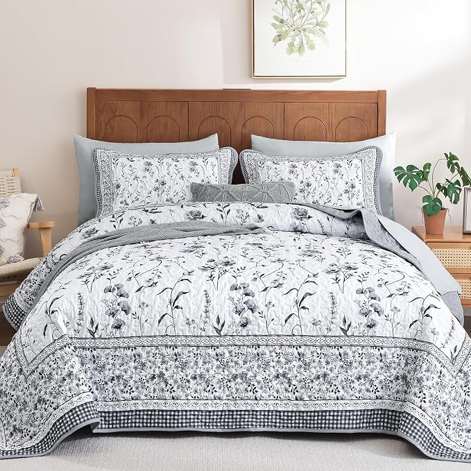 WONGS BEDDING Floral Quilt Set King, Microfiber Lightweight Farmhouse Bed Cover by WONGSBEDDING