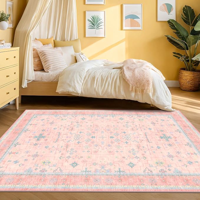 Pink and Blue Washable 5x8 Living Room Rugs, Boho Aethestic Oushak Vintage Area - Image 3