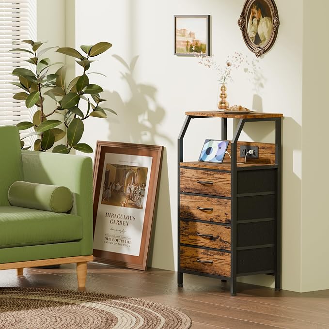 Night Stand with Charging Station, 4 Drawers Tall Bedside Table | Small Rustic - Image 2