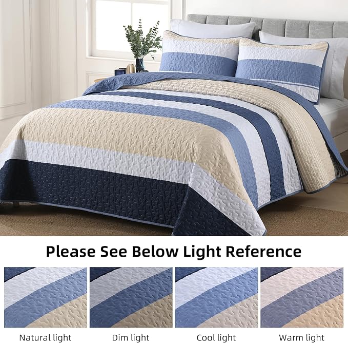 Dinjoy Queen Boho Striped Quilt Set, Breathable All-Season, 3-Piece Set Fits - Image 3