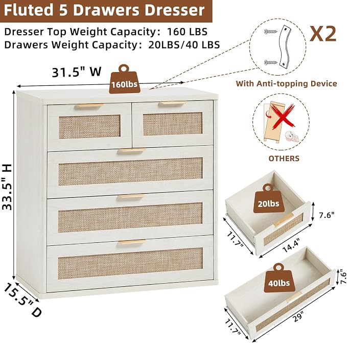 LEYAOYAO Rattan Dresser for Bedroom, 33.5" Small Chest of Drawers | Gold Metal - Image 3