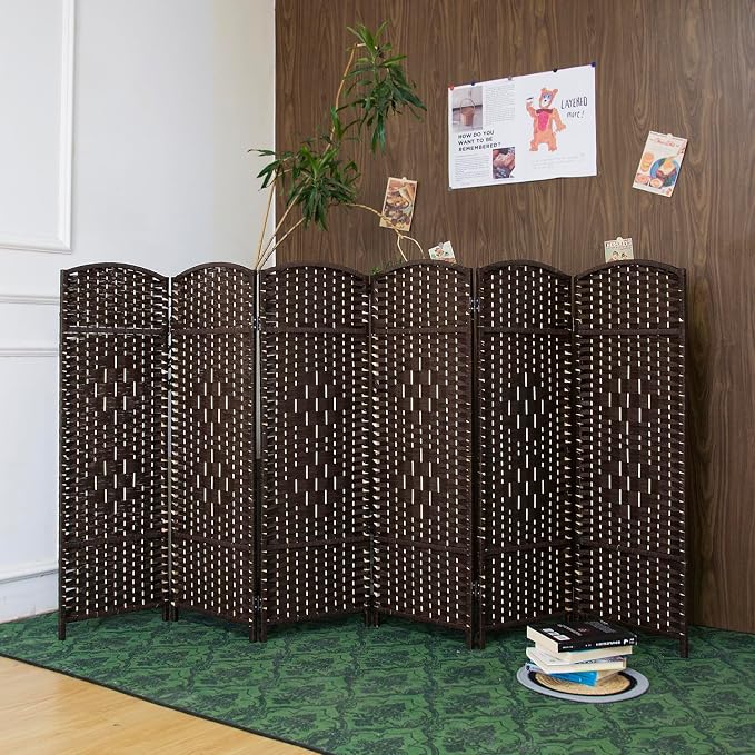 6 Panel Dark Brown Rattan Room Divider, 47.2" Low Height Double-Sided Folding - Image 3
