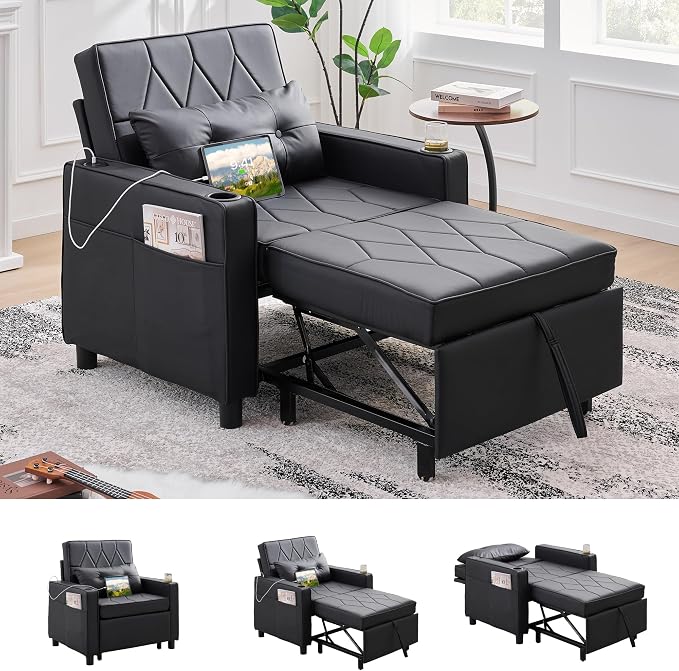 Faux Leather Convertible Sleeper Chair Bed, Single Pull Out Sofa, USB & Type-C by TYBOATLE