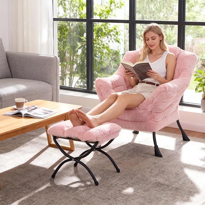 Welnow Lazy Chair with Ottoman, Reading Chair with Footrest, Plush Pink | A - Image 2