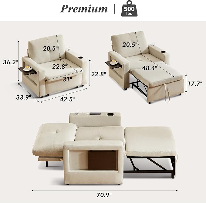 WEUP 42.5" Sleeper Chair Bed, 3-in-1 Convertible Reclining Sofa Chair - Image 2